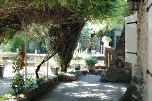 A garden area with stone walls, potted plants, and a pathway. - A fully renovated former sheep barn, located in the petite luberon region (Cheval-Blanc)