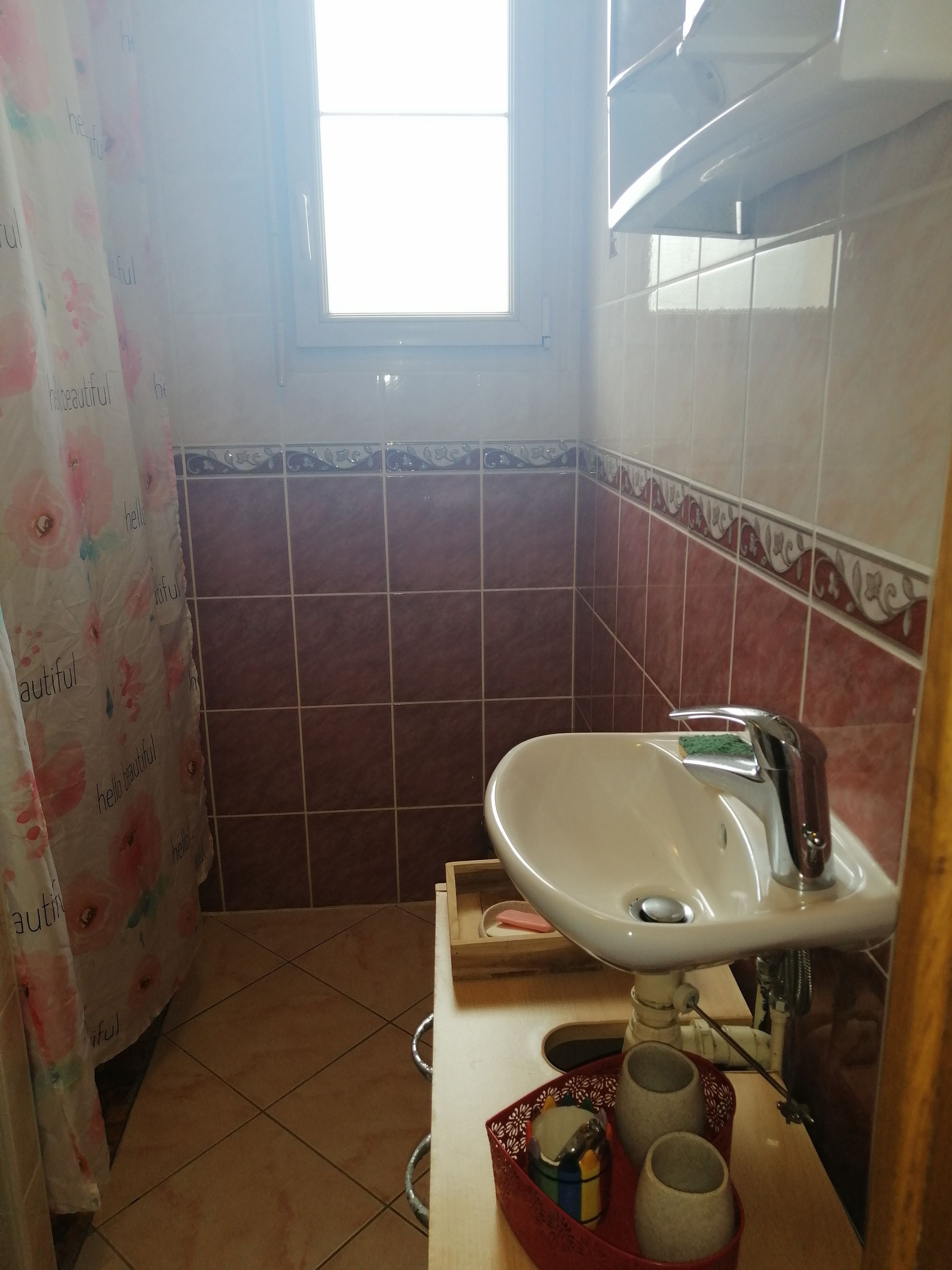 Een badkamer met een witte wastafel, een raam en een douchegordijn met bloemenmotieven.