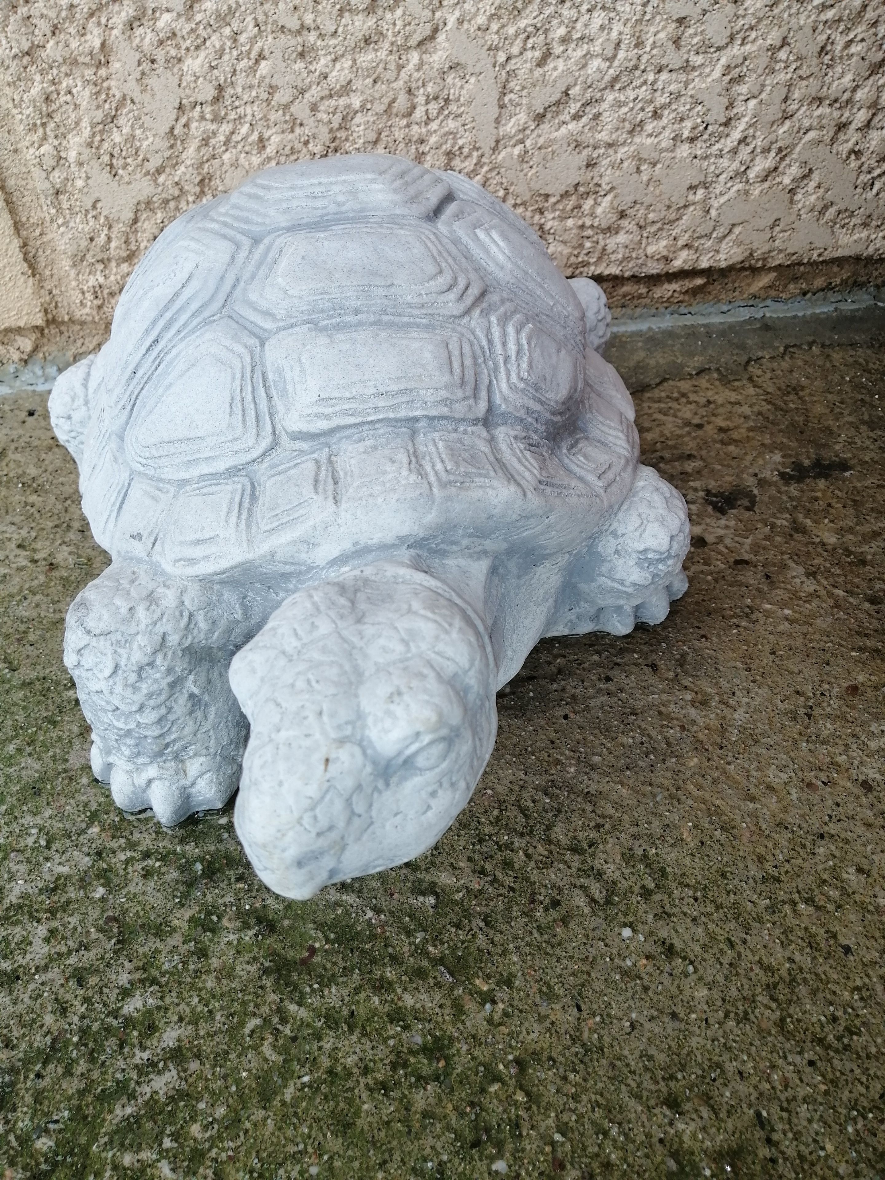 Een beeldhouwwerk van een schildpad, gemaakt van beton, op een gestructureerd oppervlak.