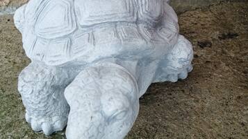 Een beeldhouwwerk van een schildpad, gemaakt van beton, op een gestructureerd oppervlak.