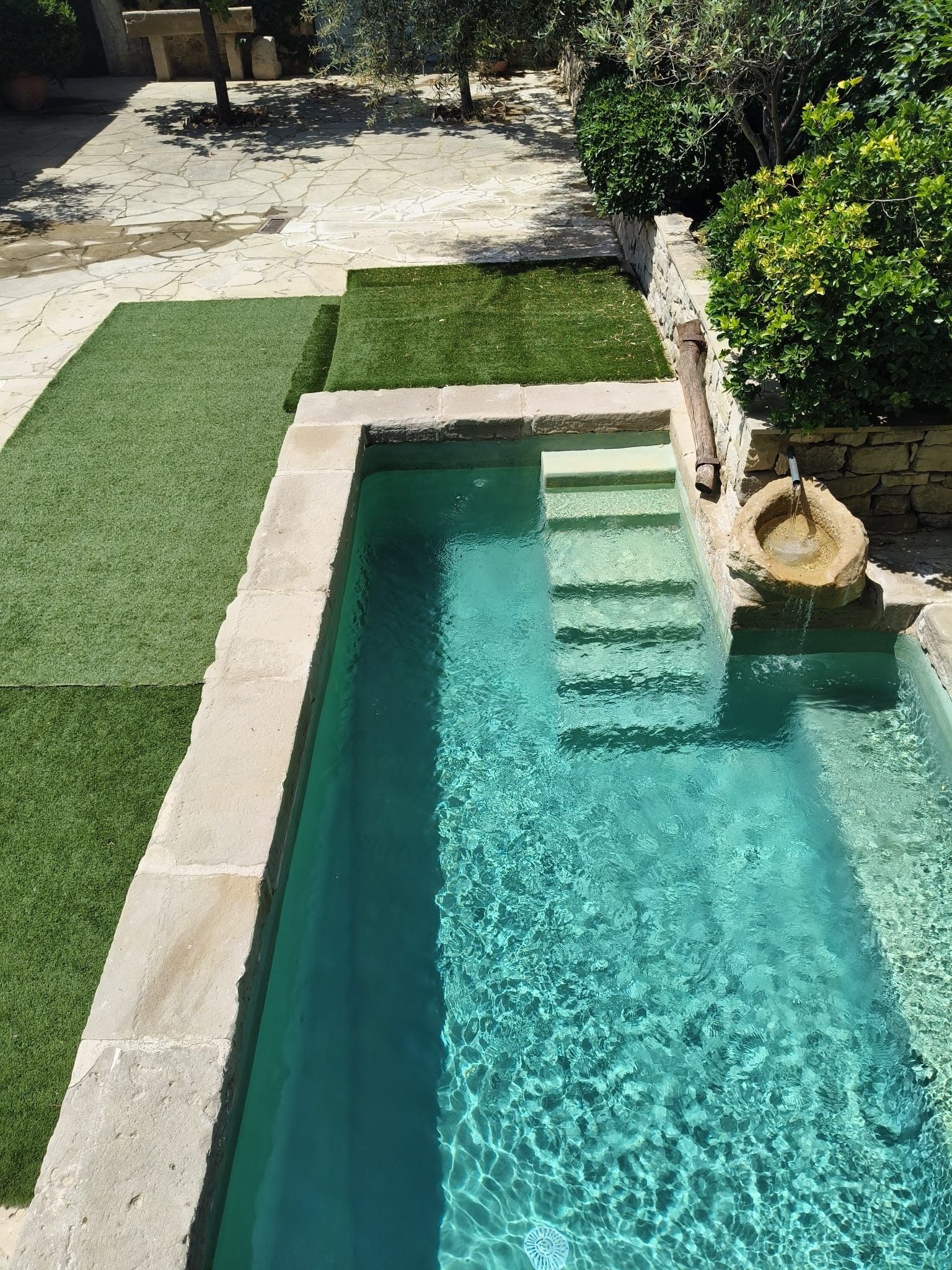 A rectangular swimming pool with clear water, surrounded by a stone border and a grassy area.