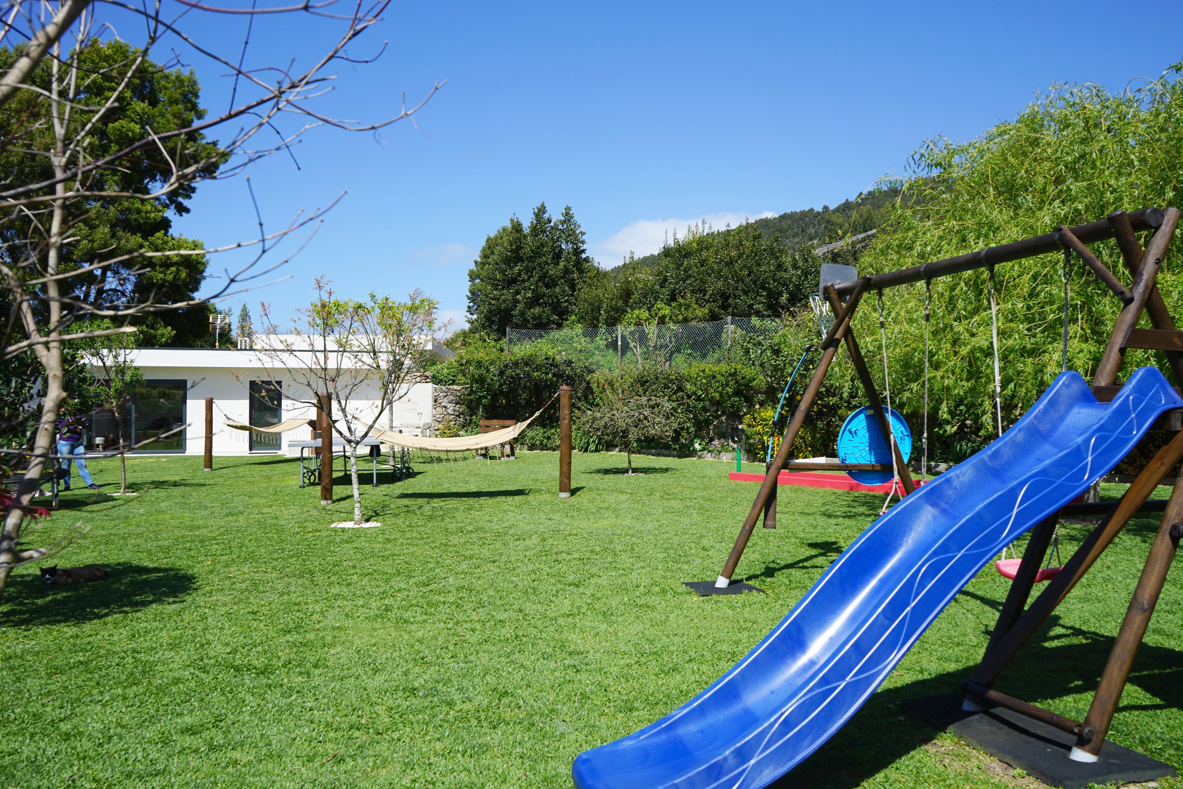 A playground with a blue slide and swings, surrounded by a grassy area and trees.