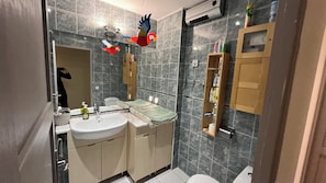 A bathroom with a sink, mirror, toilet, and a shower area. - New Listing (Velaux)