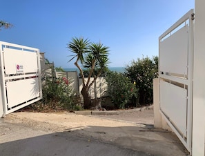 Une entrée fermée par un portail, agrémentée d’un palmier et d’arbustes, qui mène à une zone sablonne offrant une vue dégagée sur la mer.