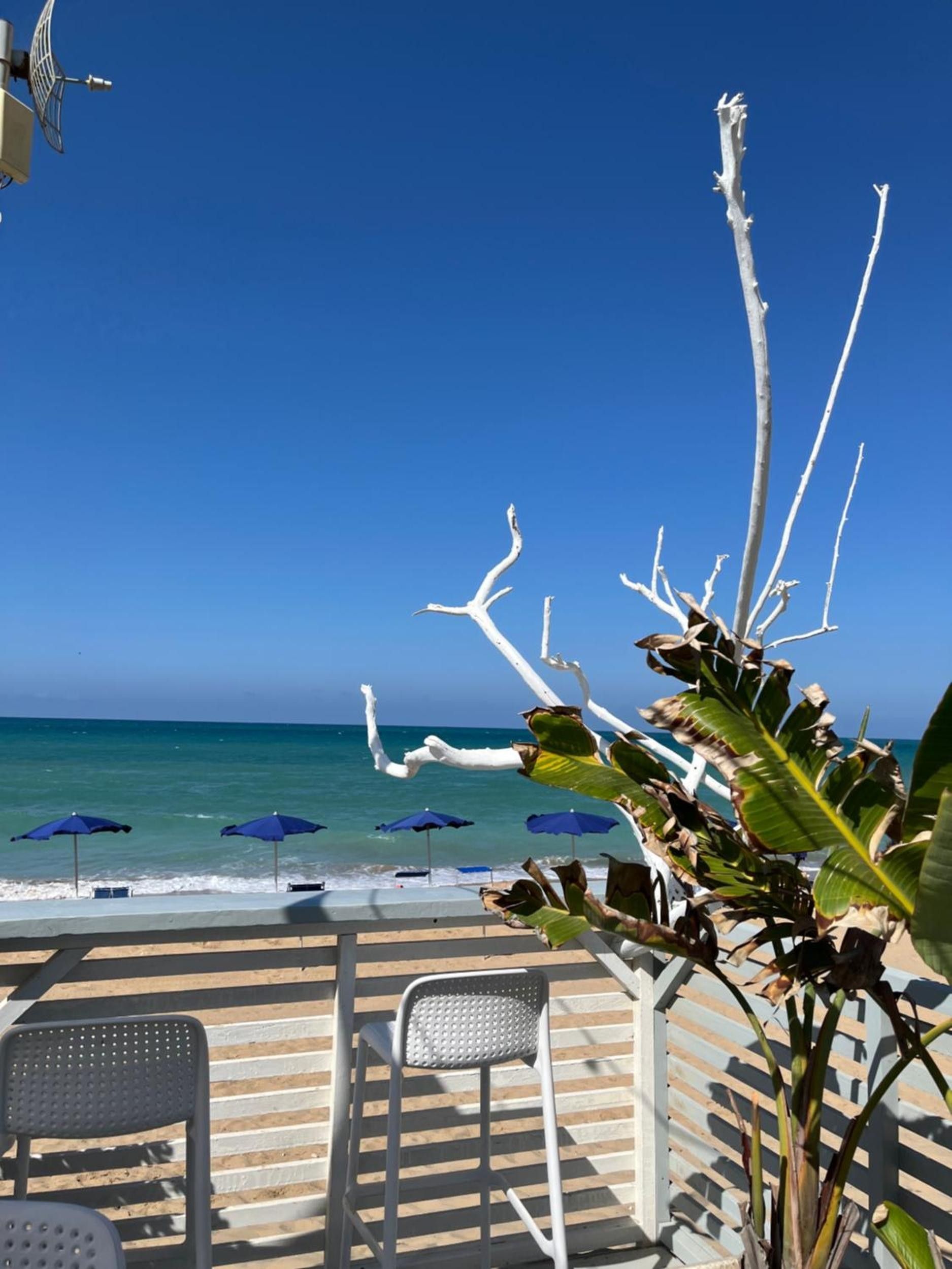 Un espace aménagé près de la plage, avec vue sur l’océan, comprenant une terrasse en bois, des chaises blanches et des parasols bleus.