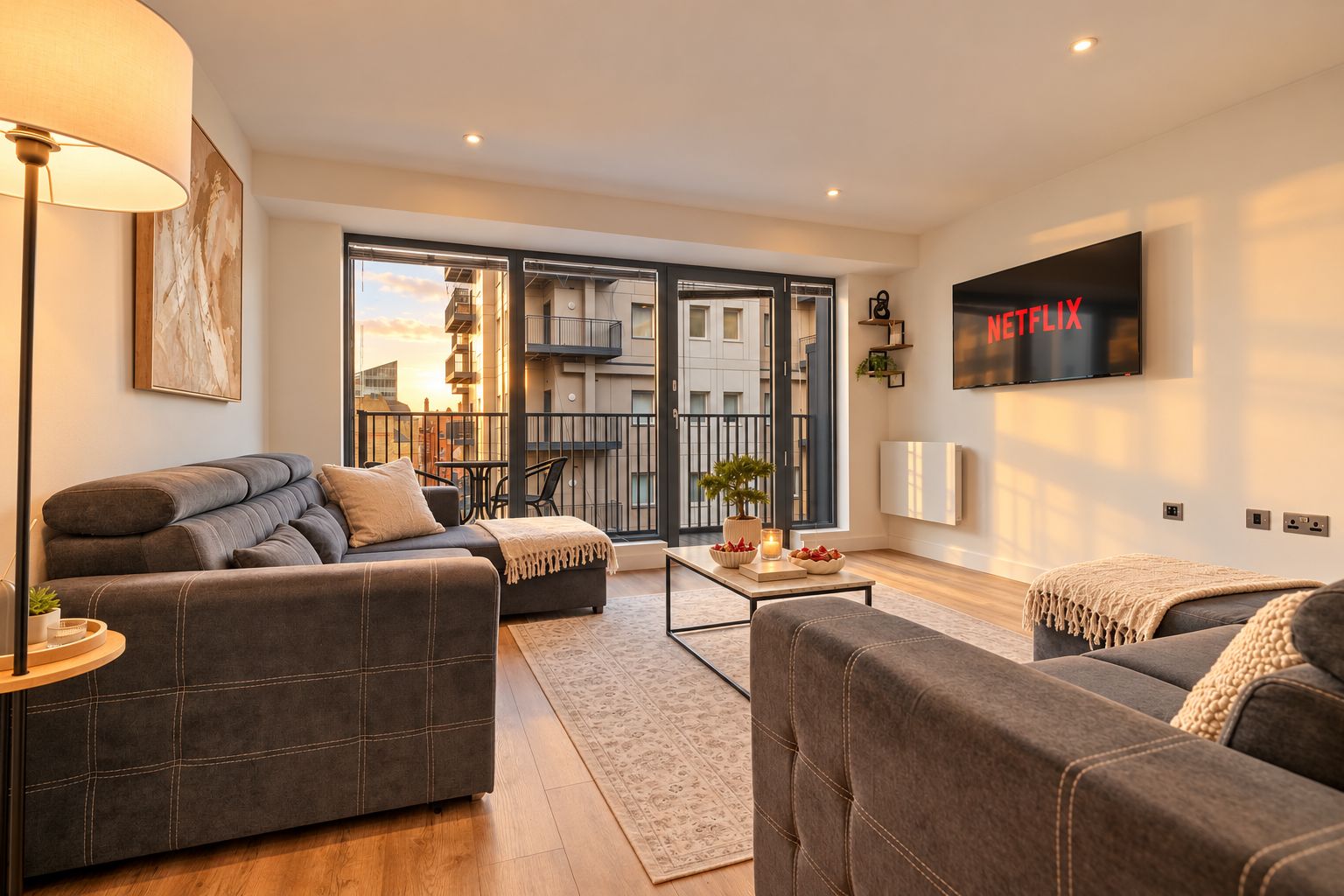 A modern living room with a sofa set, a coffee table, and a flat-screen TV mounted on the wall.