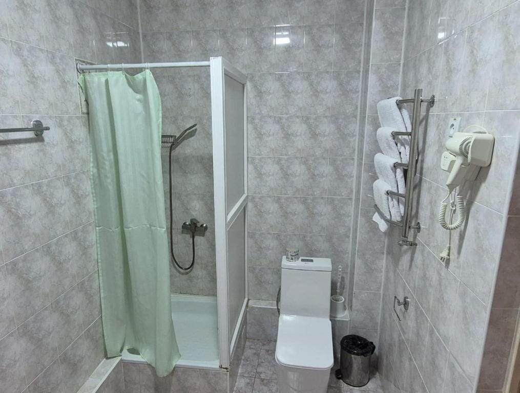 A bathroom with a shower, toilet, and towel rack.