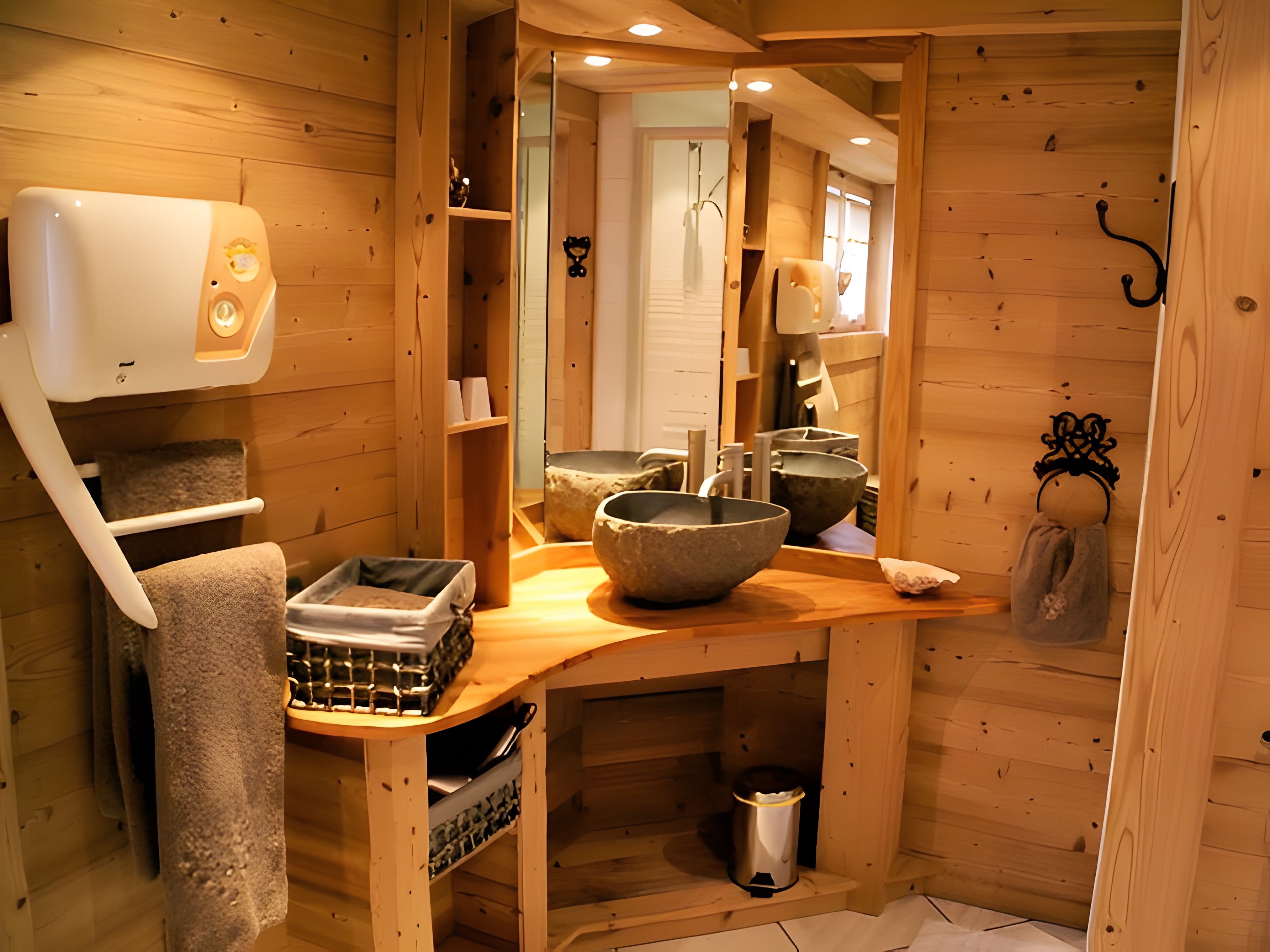 Een houten cabin met een houten bankje, een stenen wasbak en een handdoekhouder.