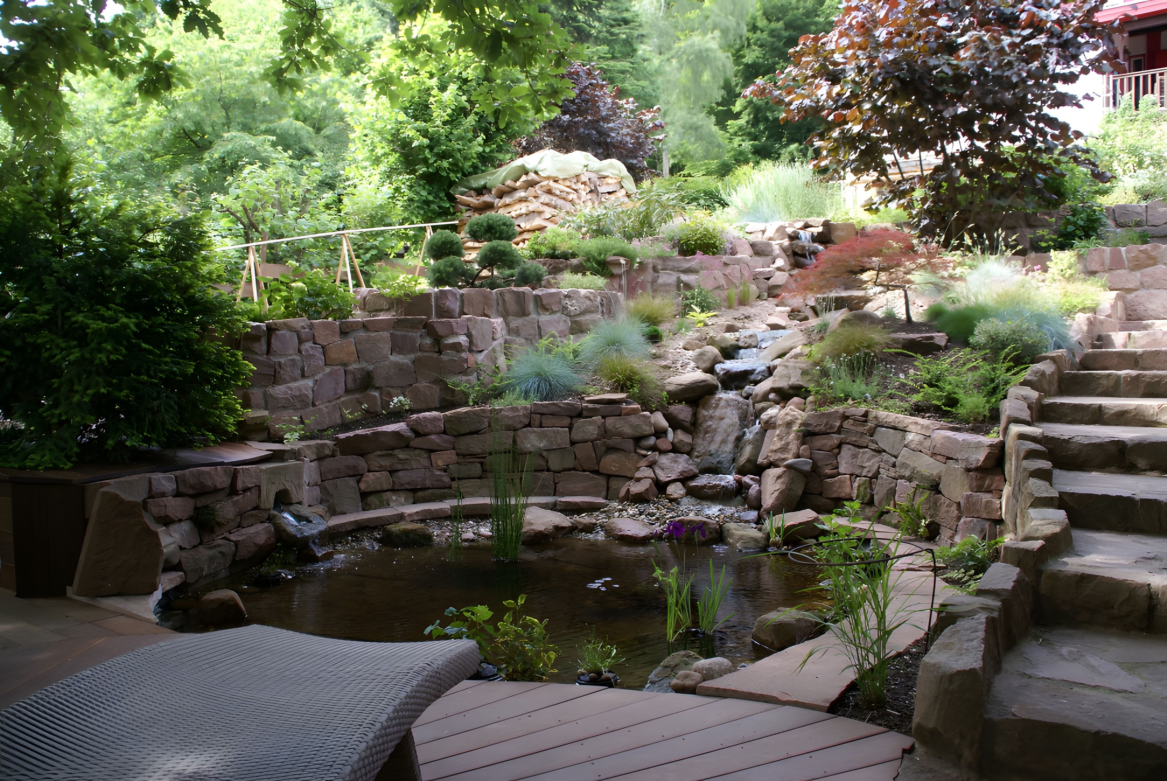 A garden with a pond, stone walls, and a wooden deck.