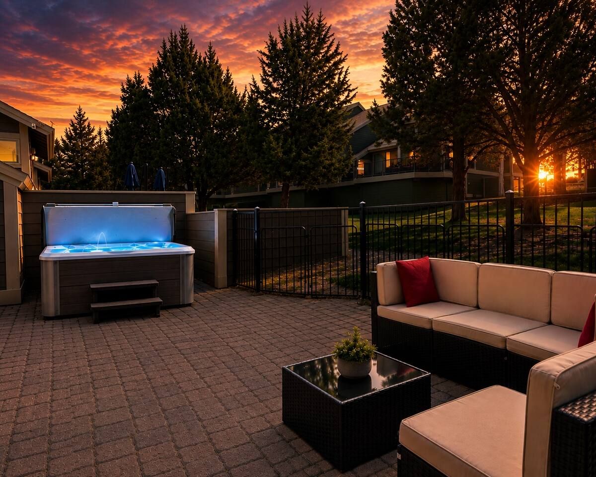 Un patio exterior con un jacuzzi, un sofá y una mesa de centro.