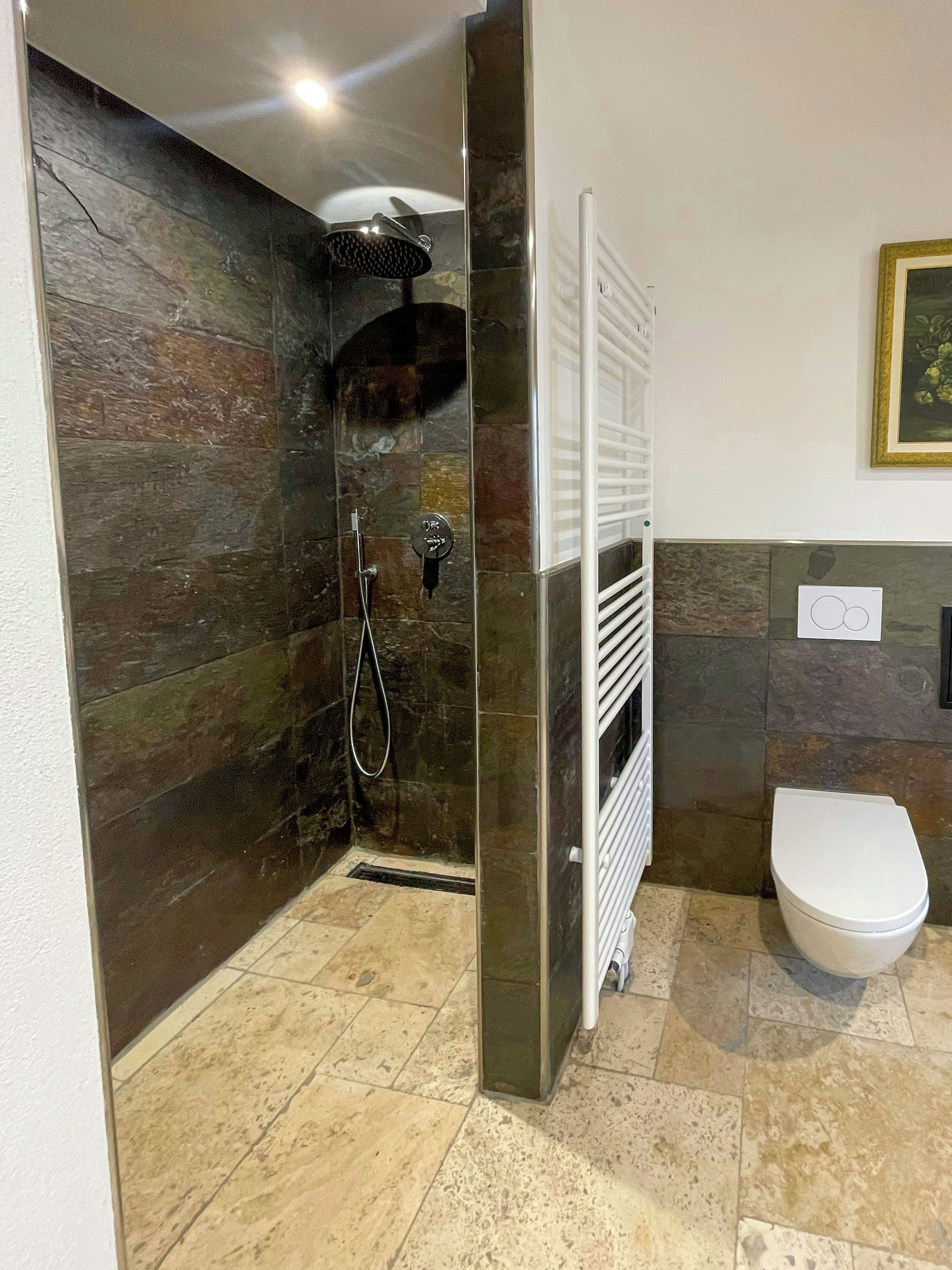 Ein Badezimmer mit Dusche, Toilette und Handtuchheizung.