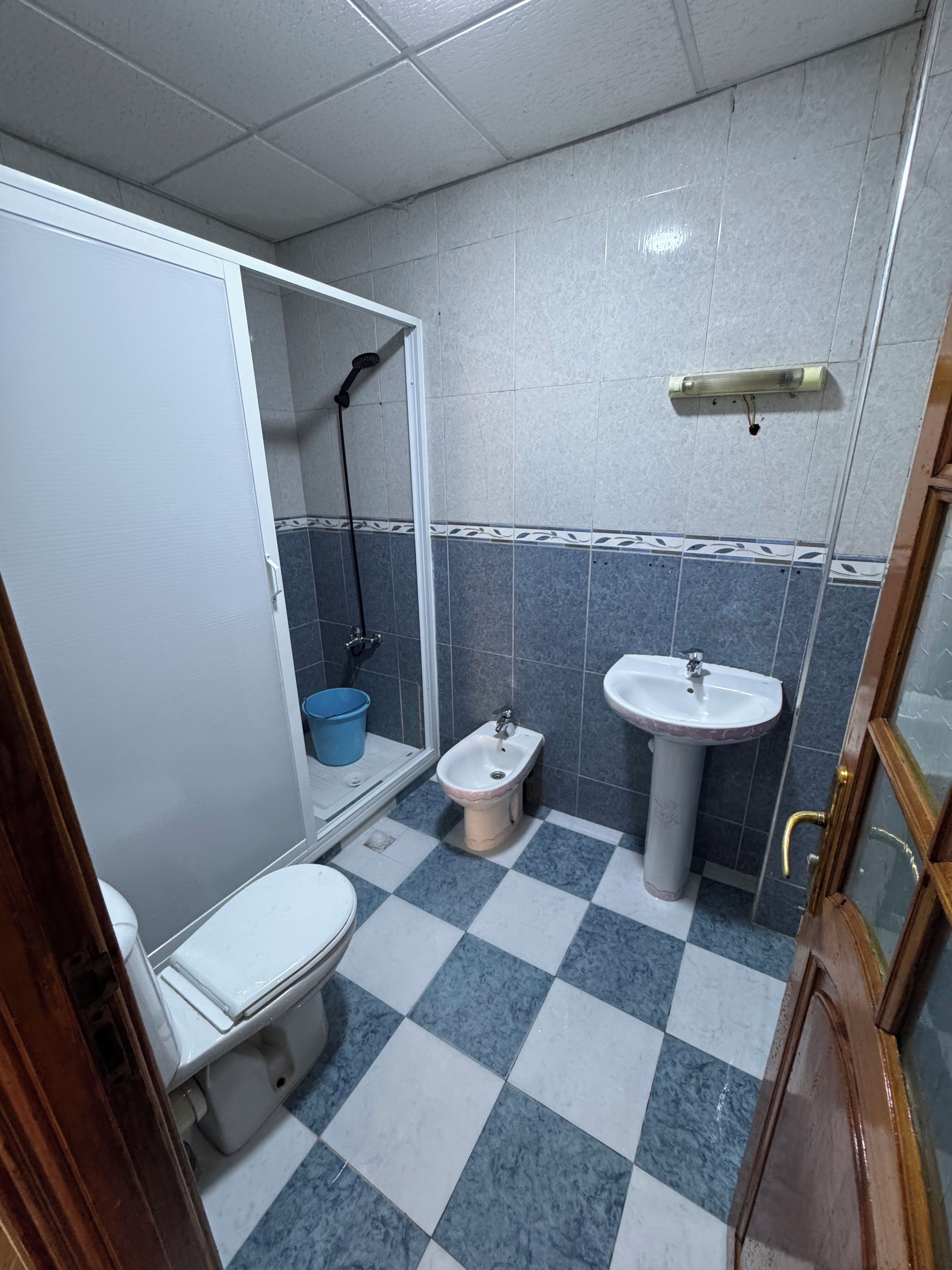 A bathroom with a toilet, bidet, sink, and shower.