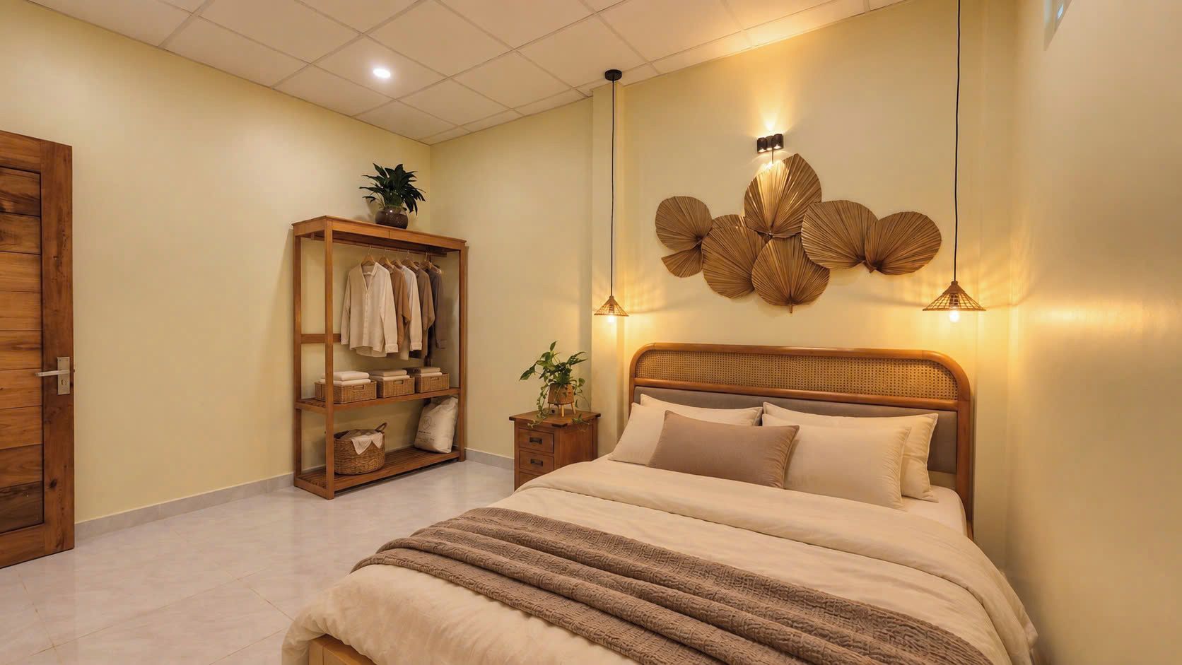 Un dormitorio con cama, armario, lámpara de pared y una mesita con una planta.