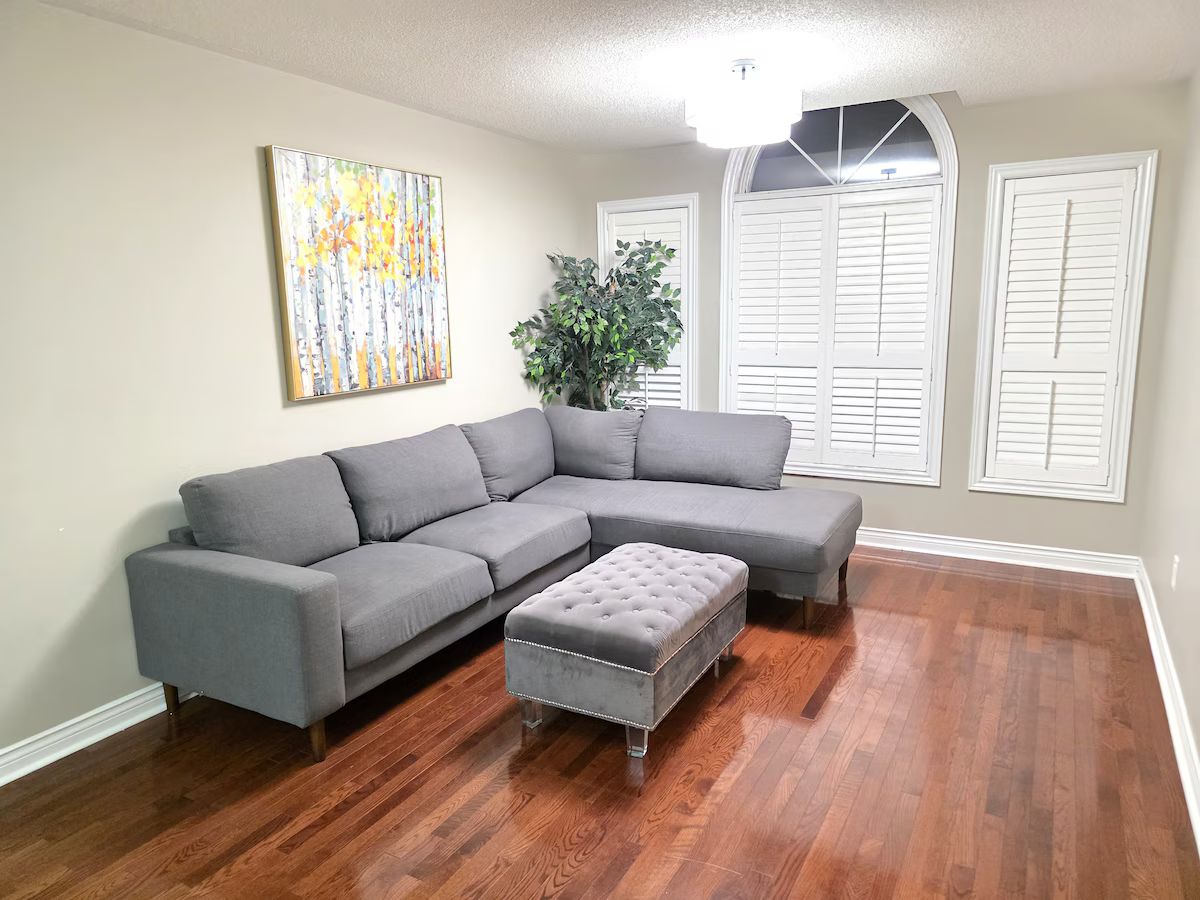 A living room with a grey sectional sofa, a matching ottoman, a potted plant, and a painting on the wall.