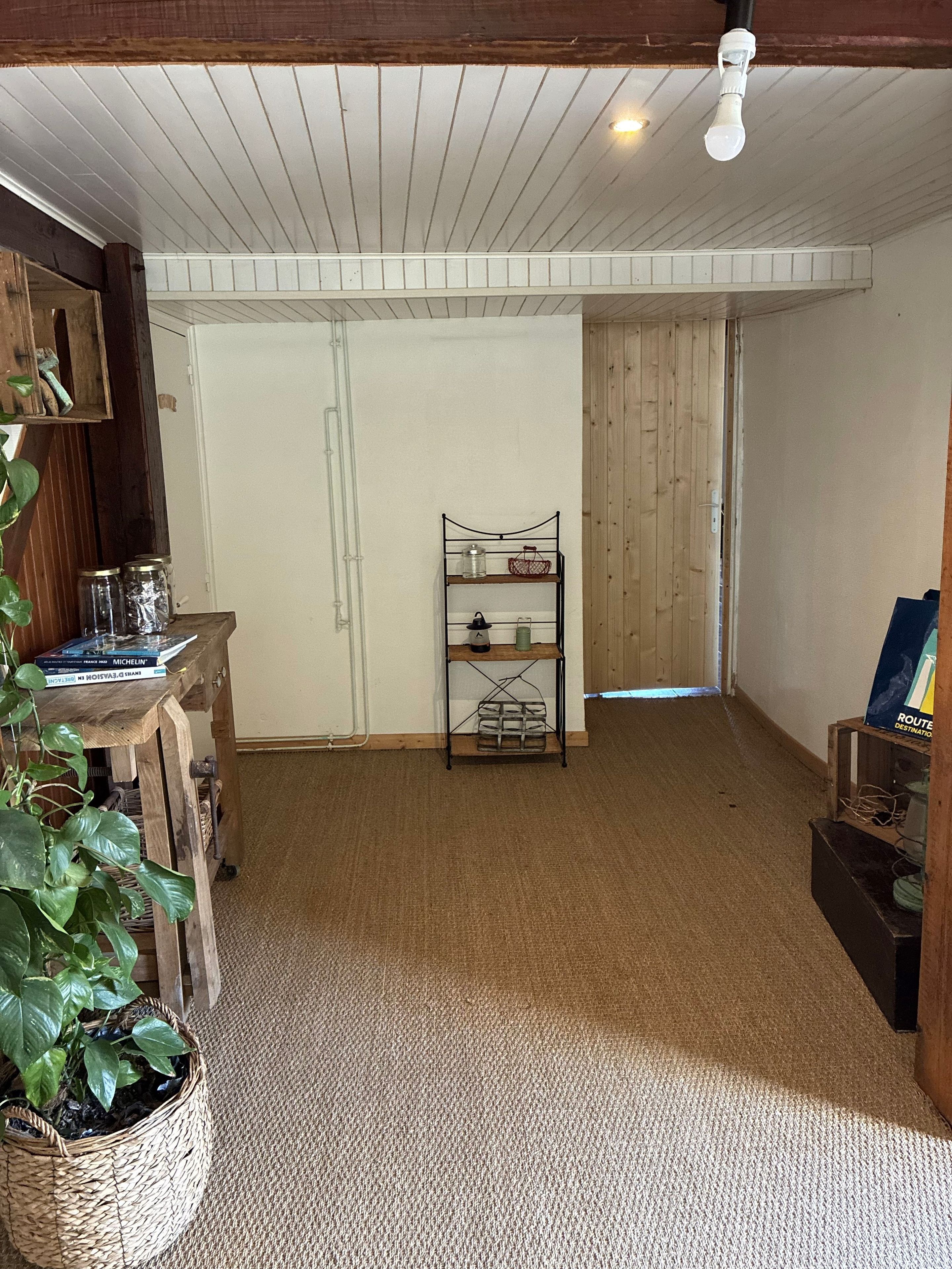 Ein Zimmer mit Holzboden, weißer Decke, einem Regal mit Büchern und Gläsern, einer Pflanze und einer Tür zu einem anderen Raum.