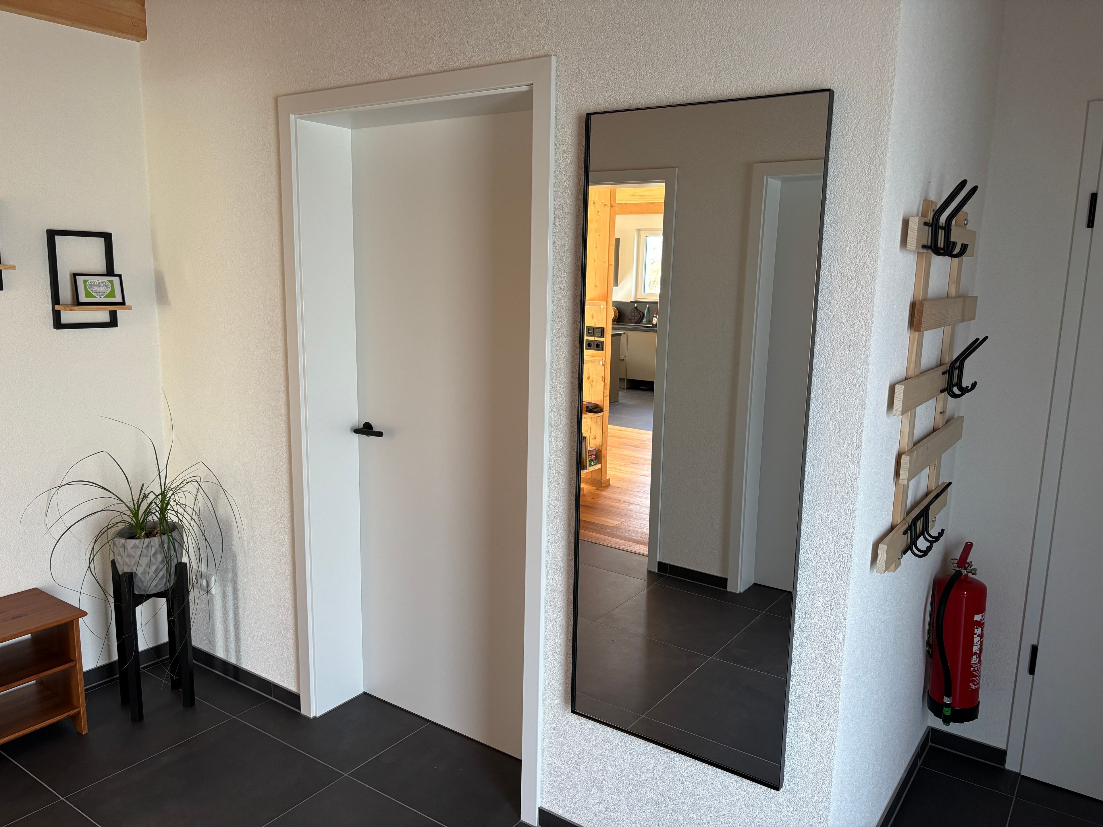 A hallway with a white door, a mirror, a potted plant, a wooden shelf, and a fire extinguisher.