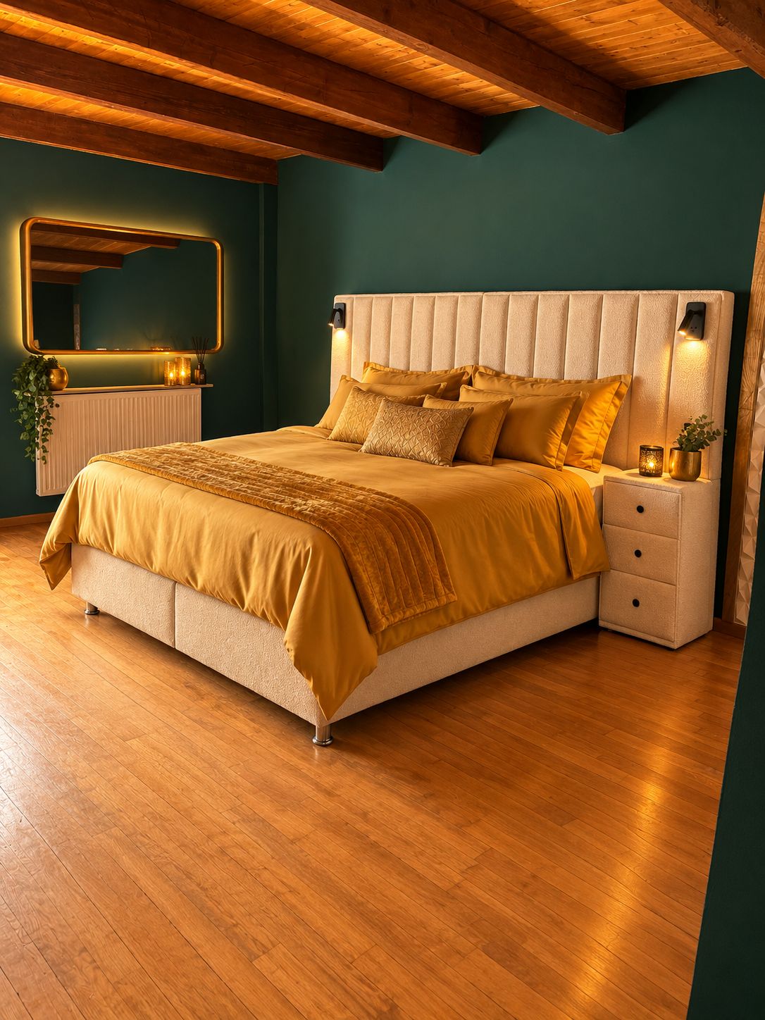 Un dormitorio con una cama grande, mesitas de noche, un espejo y un radiador.