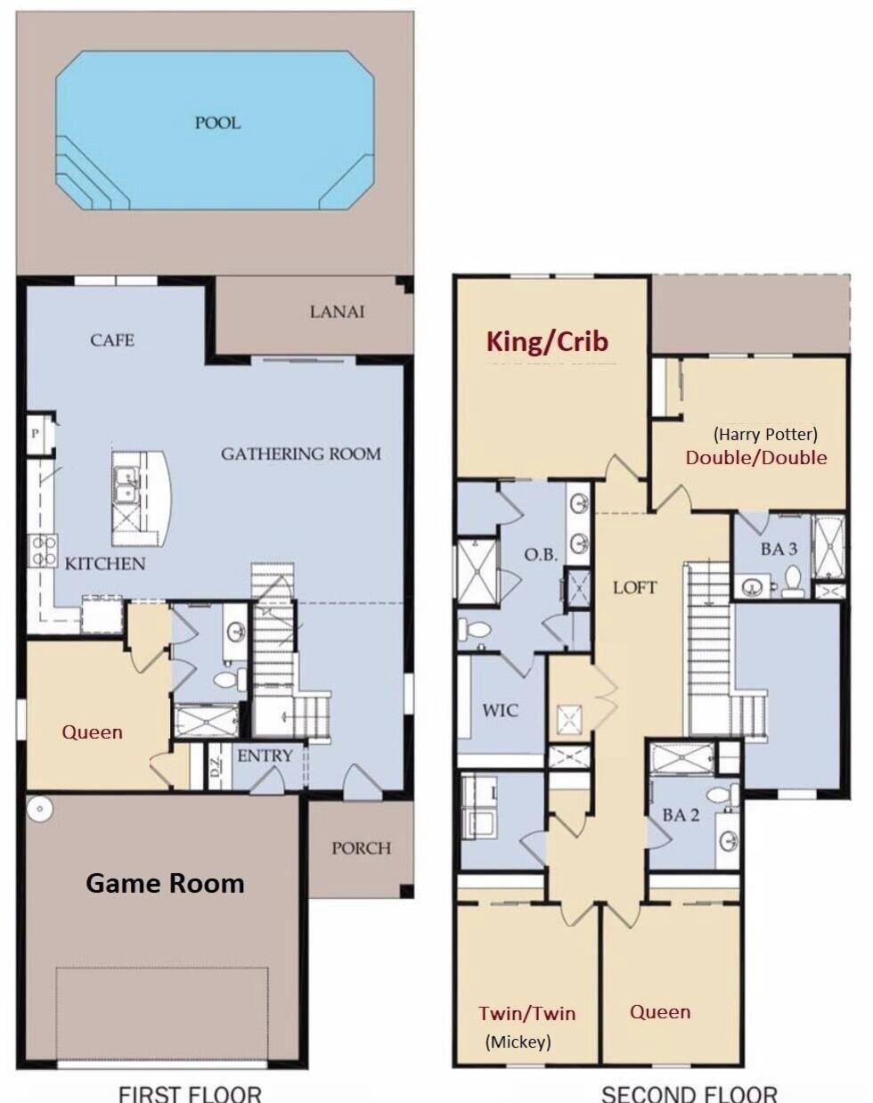 A hotel floor plan with a pool, cafe, game room, and various rooms labeled as King/Crib, Queen, and Twin/Twin.