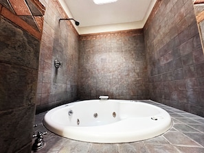 Une salle de bain avec une baignoire sur pieds, une pomme de douche et un porte-serviettes.