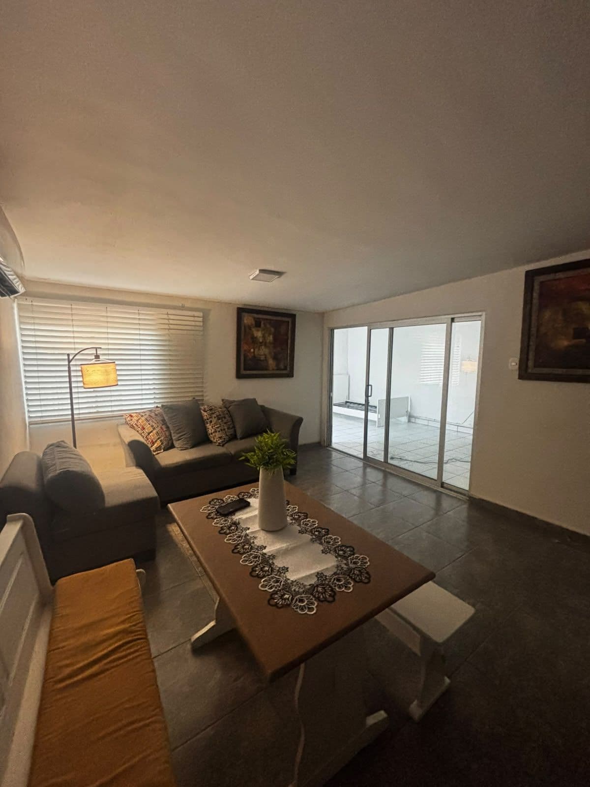 A modern living room with a sofa, a coffee table, and a view through a glass door.