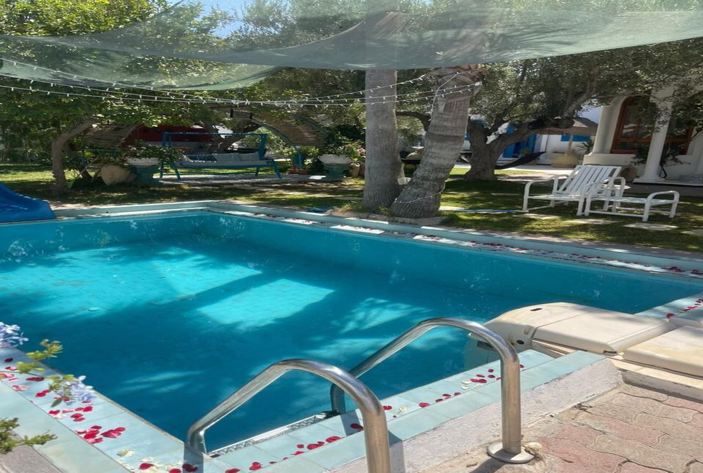 A swimming pool with a metal ladder, surrounded by a shaded area with string lights, and a bench in the background.