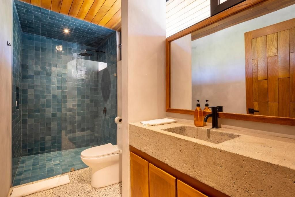 A bathroom with a glass-enclosed shower, a white toilet, a granite countertop, and wooden cabinets.