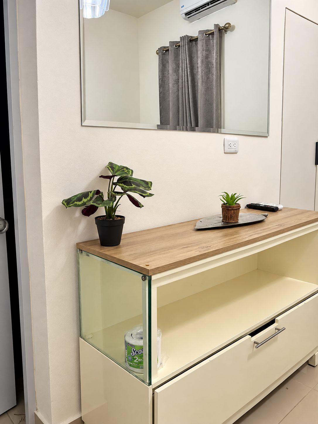 Een badkamer met een spiegel, een handdoekhouder, een potplant, een rol toiletpapier en een afstandsbediening op het aanrecht.