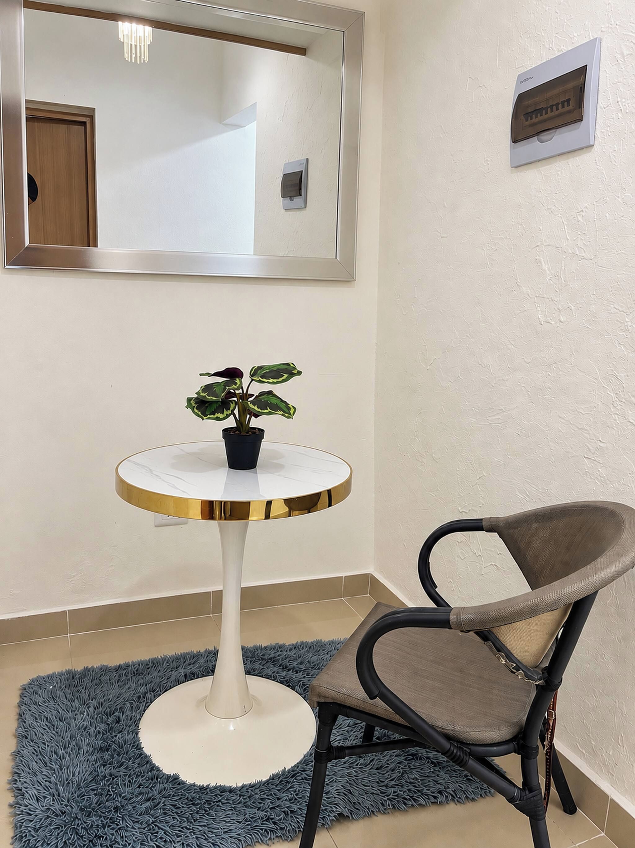 Una habitación con una mesa redonda, una silla, una planta en maceta, un espejo y un dispositivo instalado en la pared.