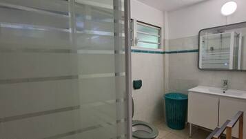Un baño con cabina de ducha de vidrio, inodoro, lavabo con espejo y un cubo de basura.
