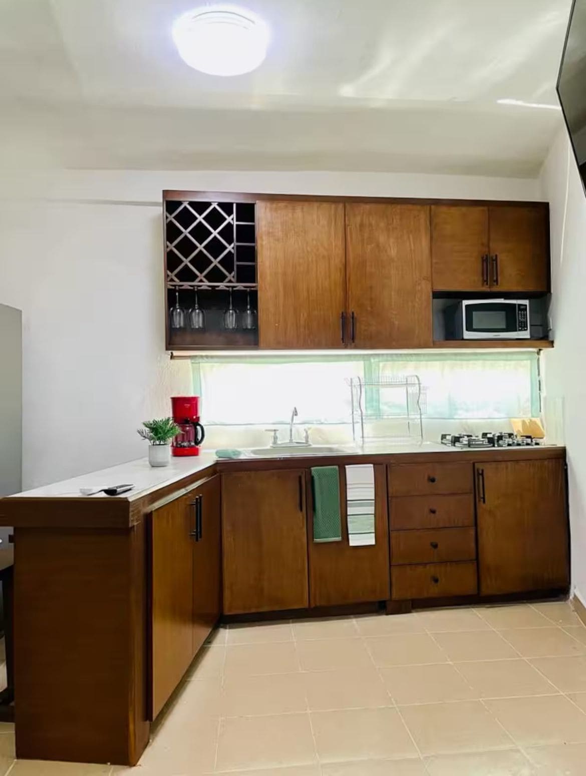 A kitchen with wooden cabinets, a microwave, a sink, and a countertop with a coffee maker and a plant.