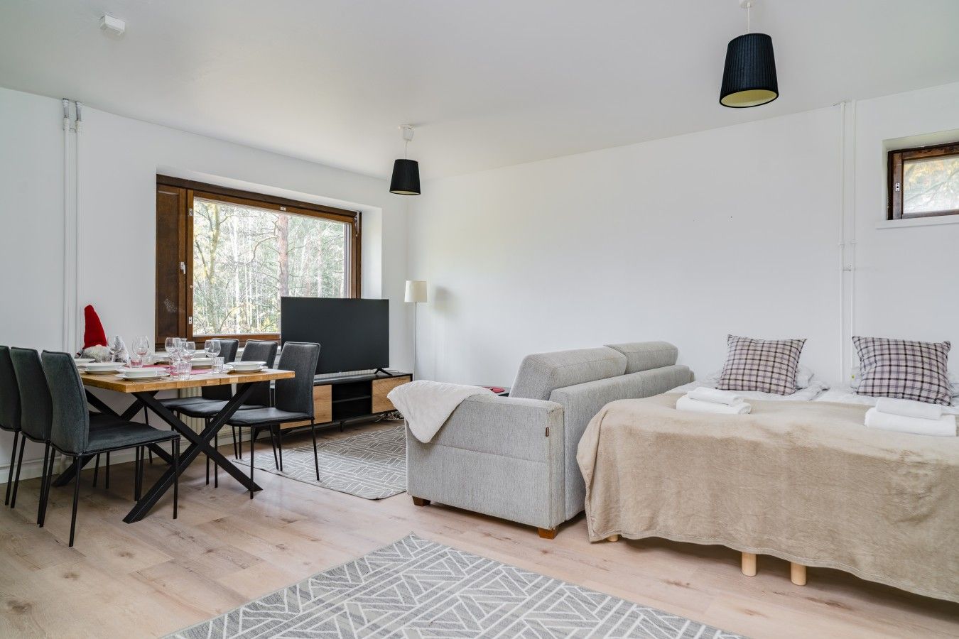 Open-plan living room with sofa and 160 cm double bed
