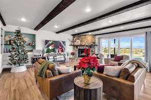 Ein modernes Wohnzimmer mit Kamin, Ledersofas, einem Weihnachtsbaum und Blick ins Freie.