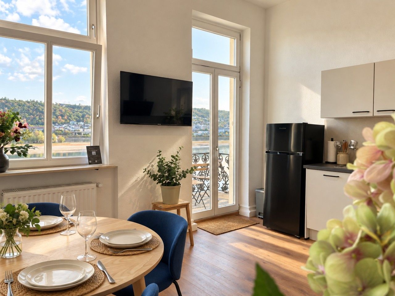 A modern kitchen with a black refrigerator, a dining area with a round table and chairs, and a balcony with a view.