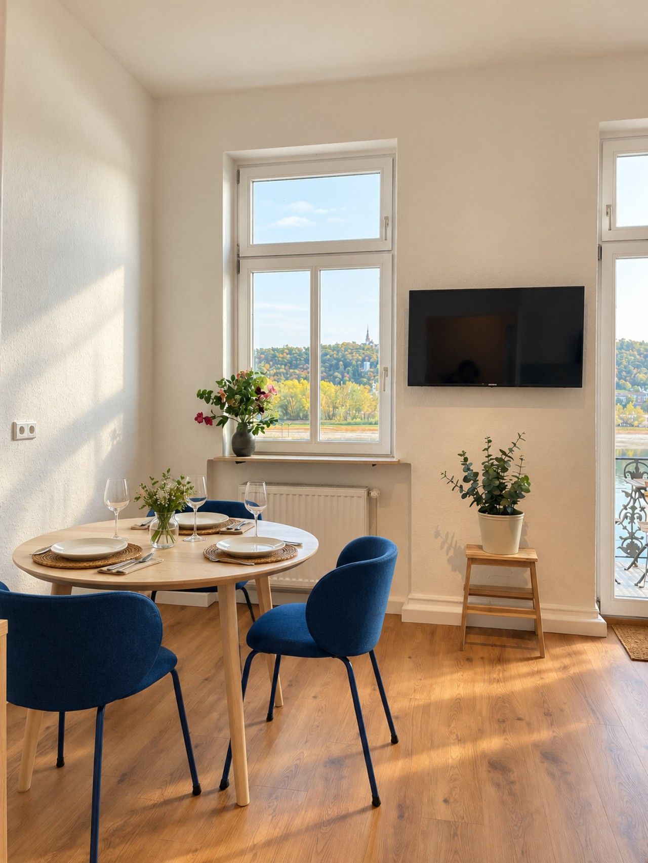 Een eetgedeelte met een ronde tafel gedekt voor vier personen, blauwe stoelen, een plant in pot en een aan de muur bevestigde televisie.