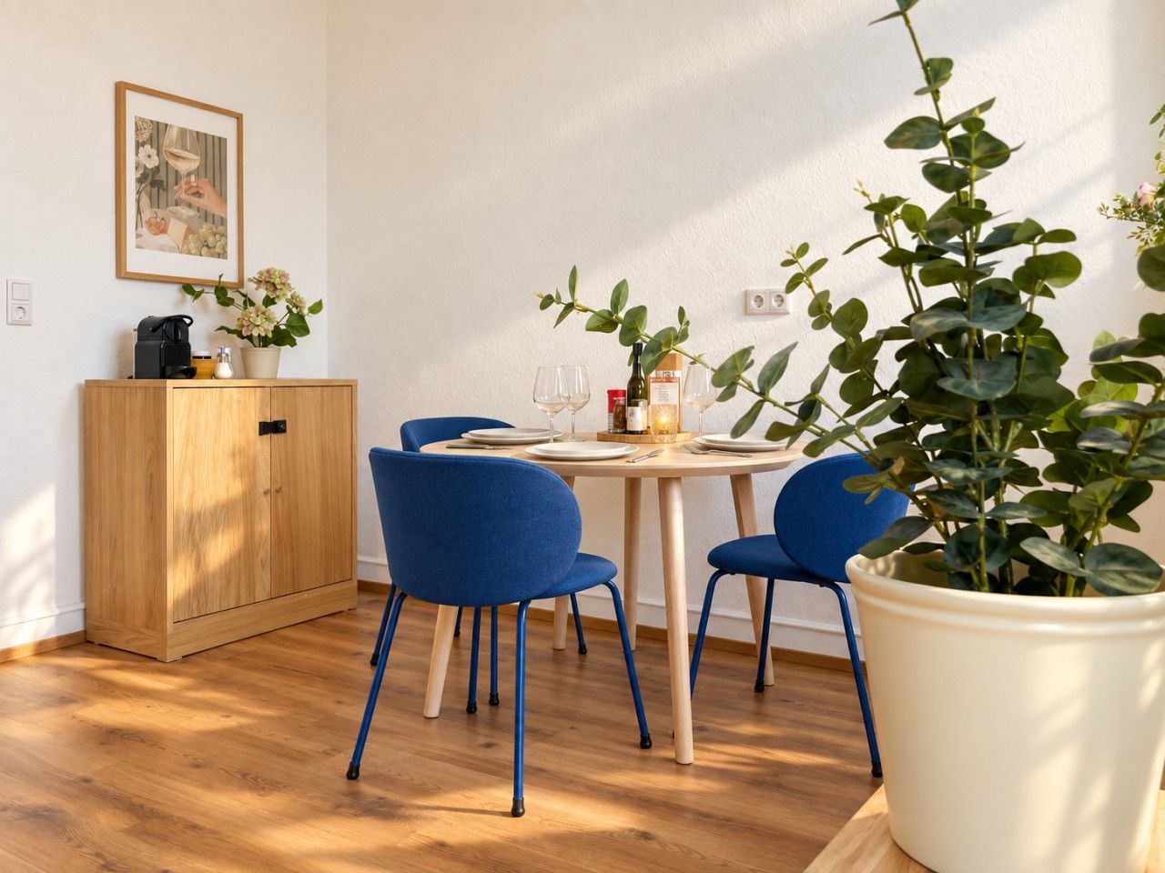 A dining area with a wooden cabinet, blue chairs, a round table, and a potted plant.