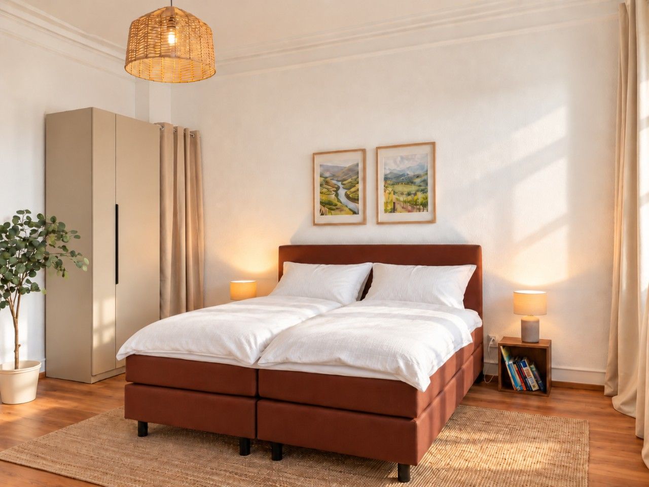 Une chambre à coucher avec un lit, des lampes de chevet, une armoire, une plante en pot et deux tableaux encadrés accrochés au mur.
