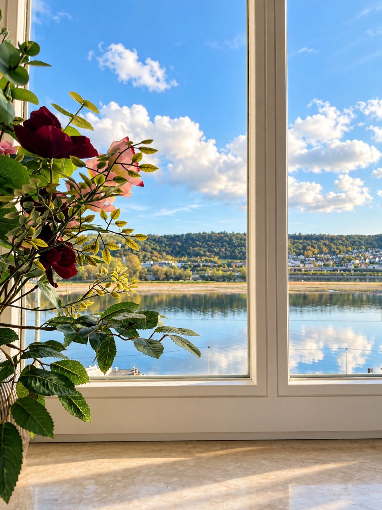 Une fenêtre donnant sur un lac et une ville située au loin.