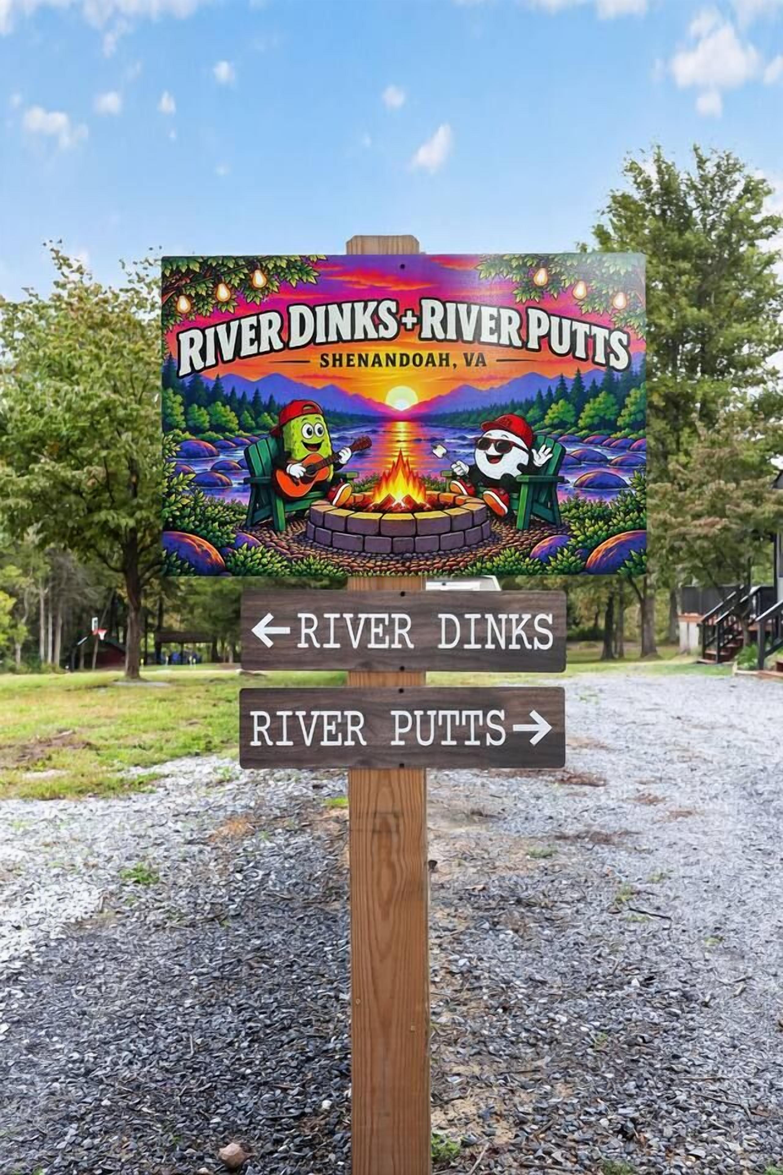Señal de River Dinks+River Putts en Shenandoah, VA, con flechas direccionales a la izquierda para River Dinks y a la derecha para River Putts.