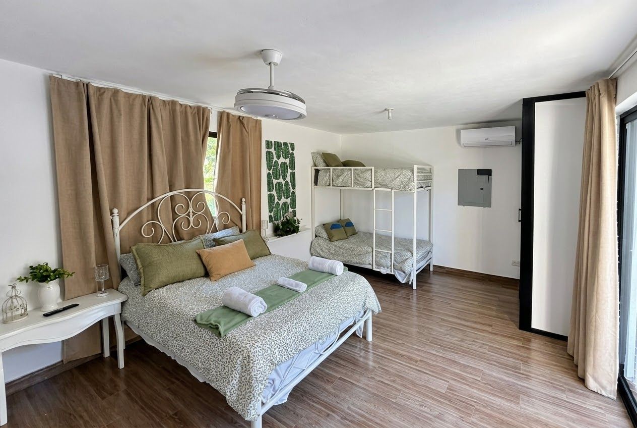 Un dormitorio con una cama, una mesita de noche, una planta colgante y una cama litera.