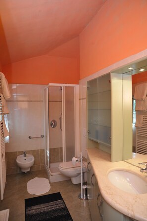 Un baño con ducha envuelta en vidrio, un bidé, un inodoro y un lavamanos con espejo arriba.