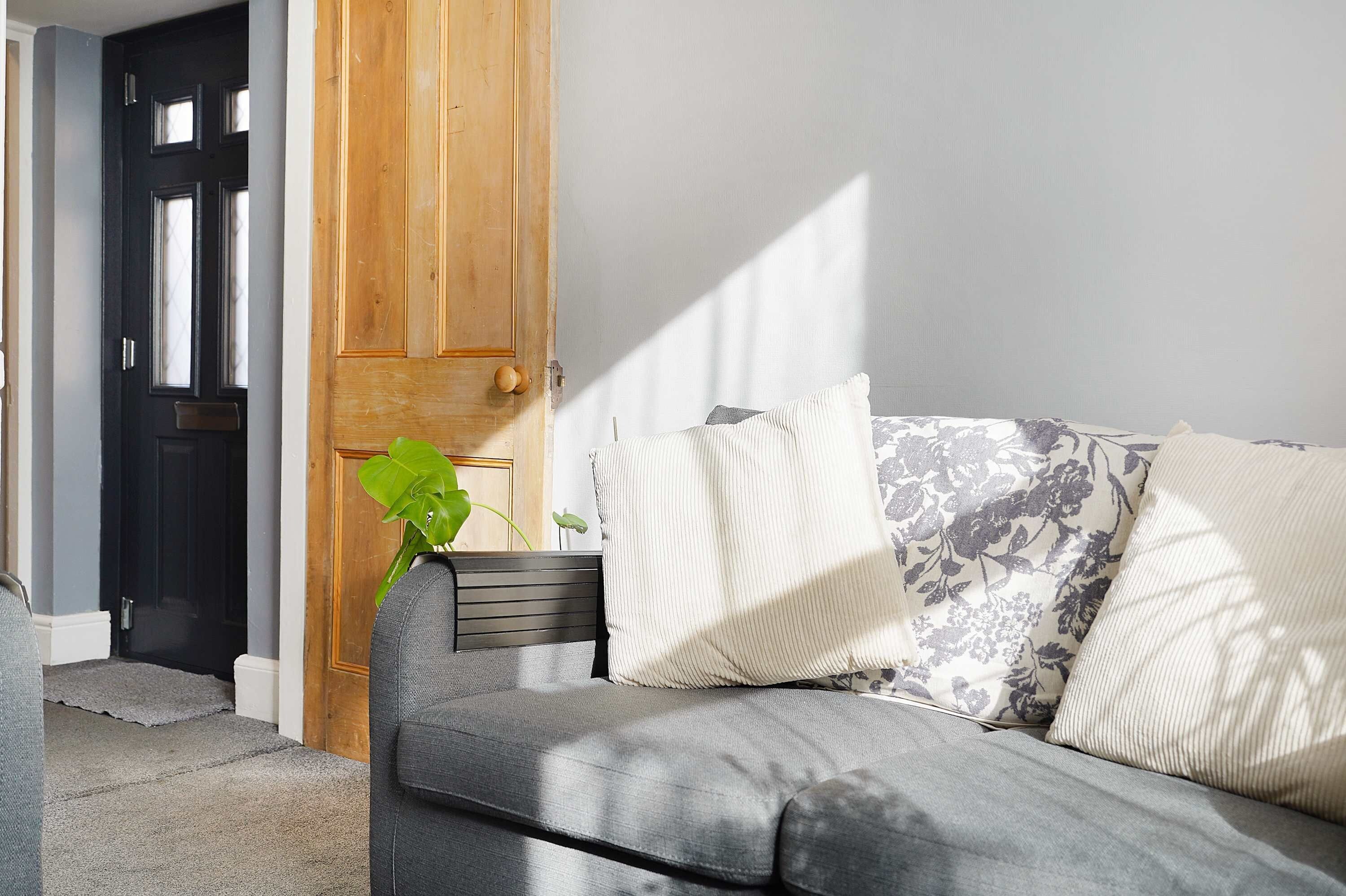 Una sala de estar con un sofá gris, una puerta de madera y una planta en maceta.