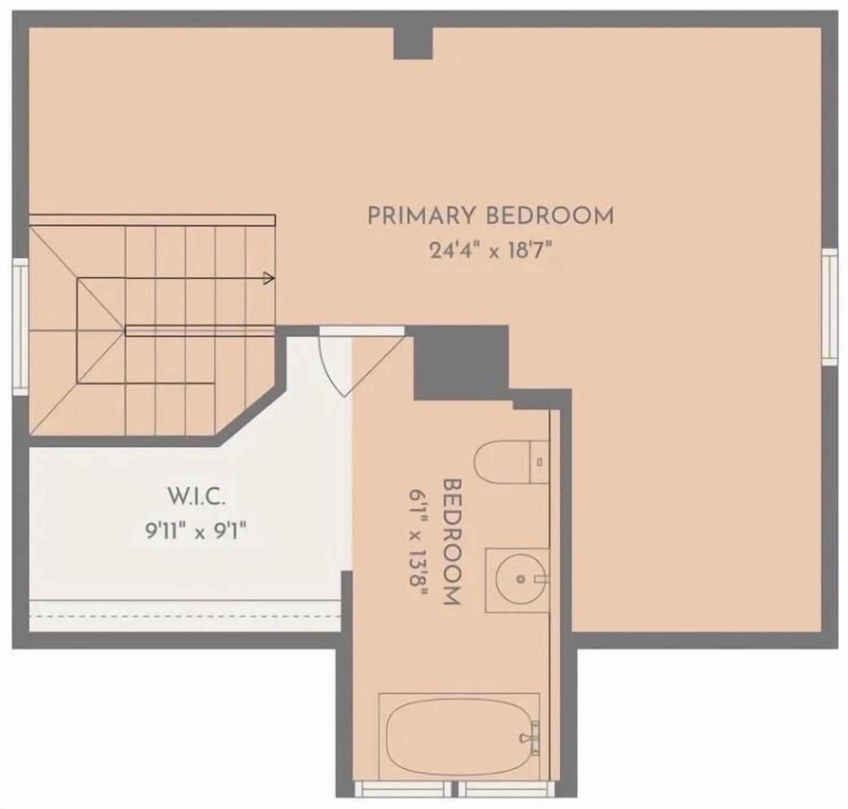 A floor plan with a primary bedroom measuring 24'4' x 18'7', a W.C. of 9'11' x 9'1', and a bedroom of 61' x 138'.