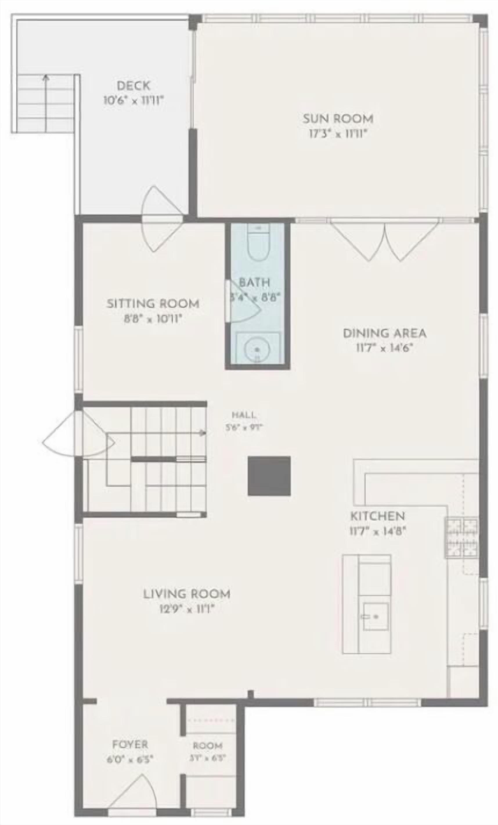 A floor plan with a sun room, sitting room, dining area, kitchen, living room, and a foyer.