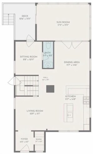 A floor plan with a sun room, sitting room, dining area, kitchen, living room, and a foyer. - The Savidge House with Historic B&B Type Charm (Spring Lake)
