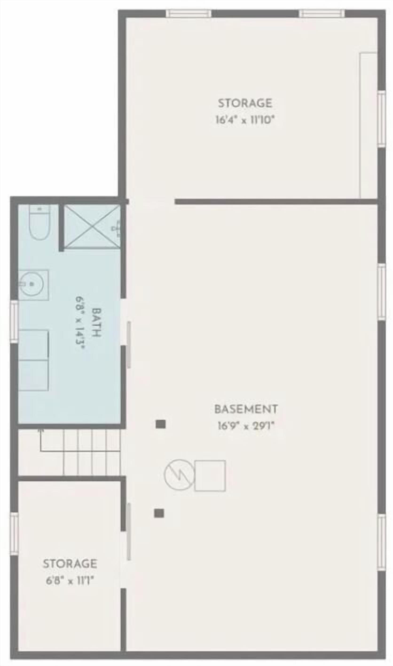 Een plattegrond met twee bergingen, een badkamer en een kelder.