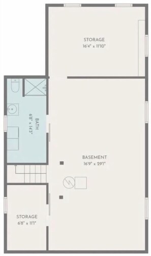 Un plano de planta que muestra dos espacios de almacenamiento, un baño y un sótano.