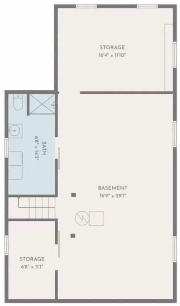 A floor plan with two storage areas, a bathroom, and a basement.