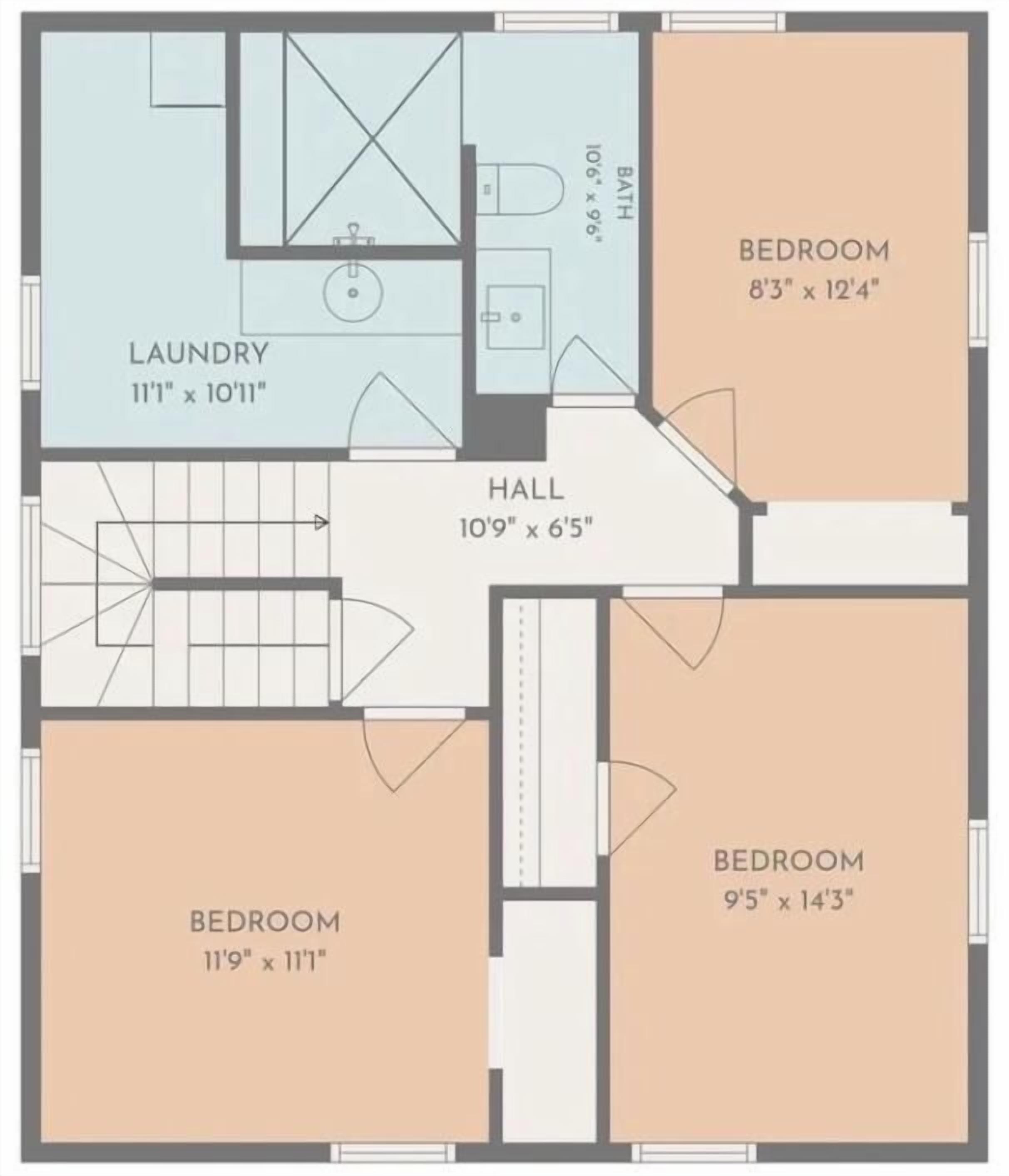 Een plattegrond met twee slaapkamers, een badkamer, een wasruimte en een gang.