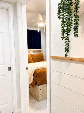 A room with a bed, a ceiling fan, and a hanging plant.