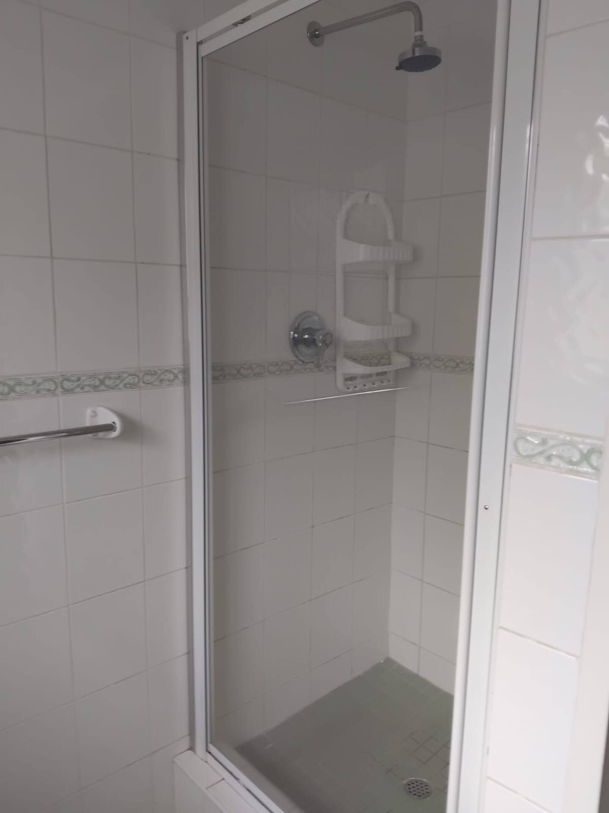 A glass-enclosed shower stall with a handheld showerhead and a wall-mounted faucet.